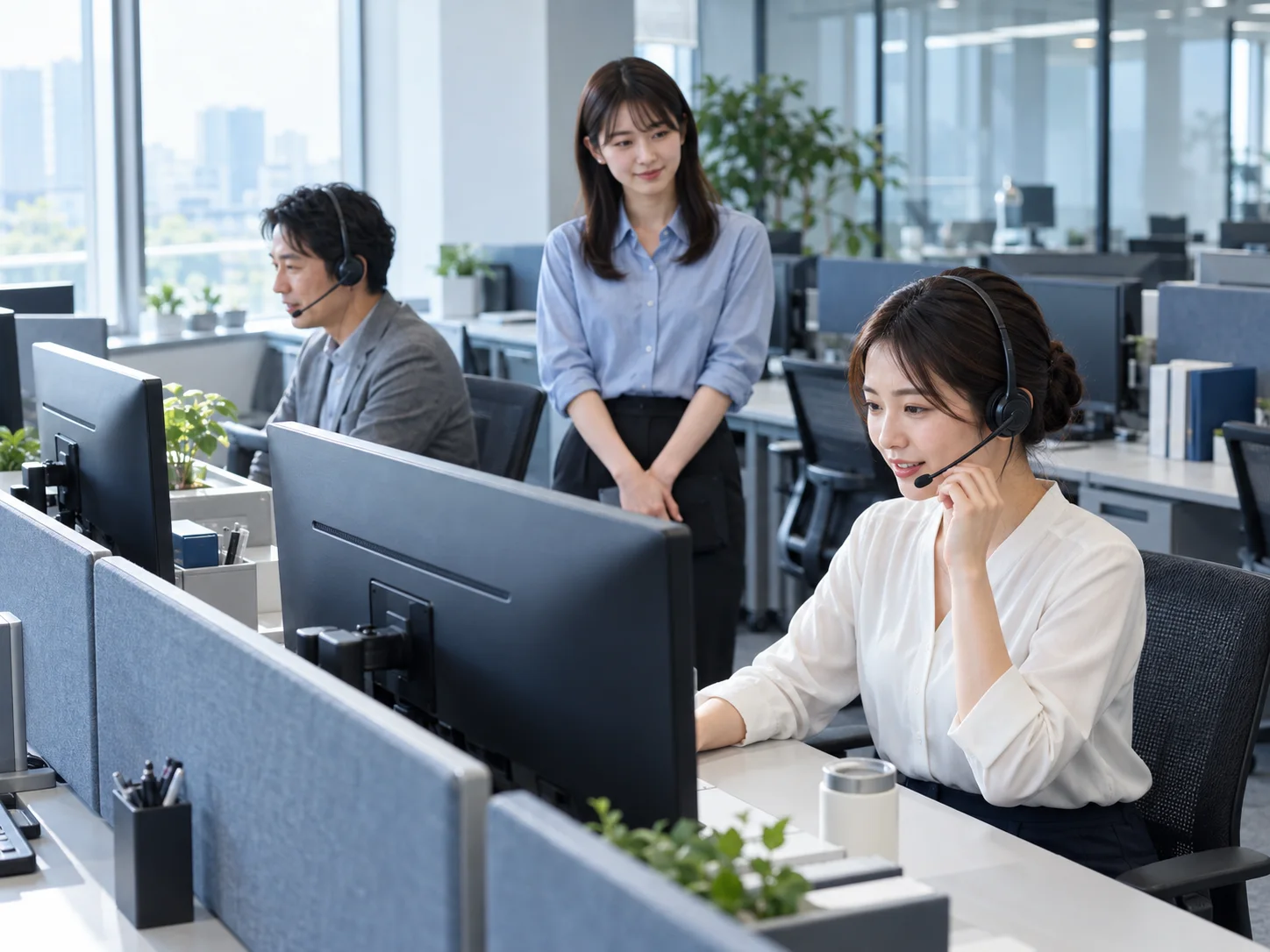 Colleagues Using Headsets at Office Desks — AI-generated photograph