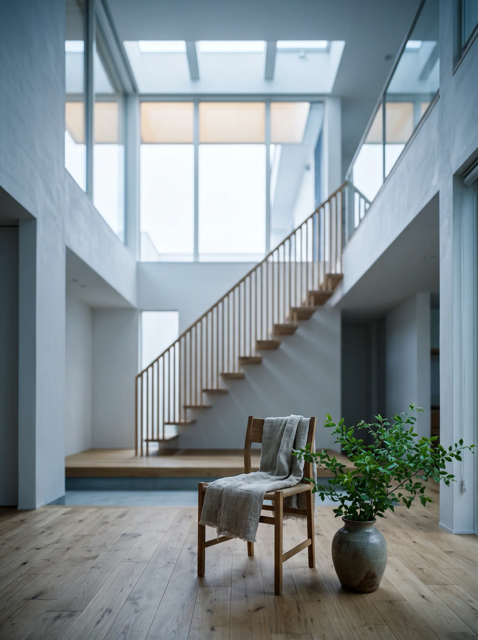 Airy Atrium Living Room in Overcast Light — AI-generated photograph