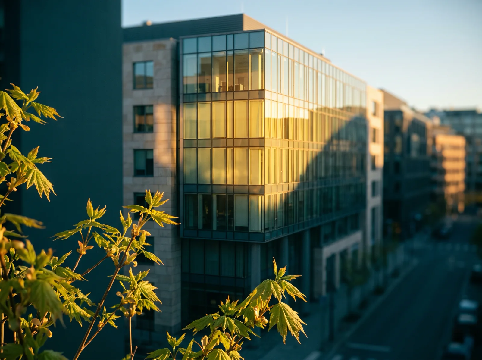 Rooftop Spring Foliage Before Amber Glass Facades — AI-generated photograph