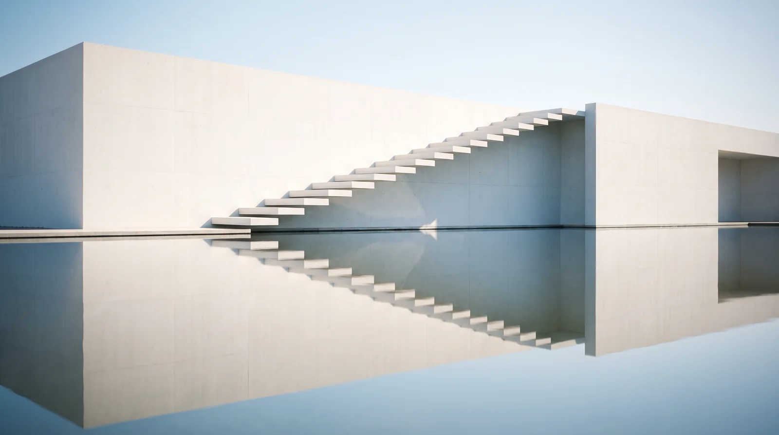White Cantilever Stair Above a Still Reflecting Pool — AI-generated photograph
