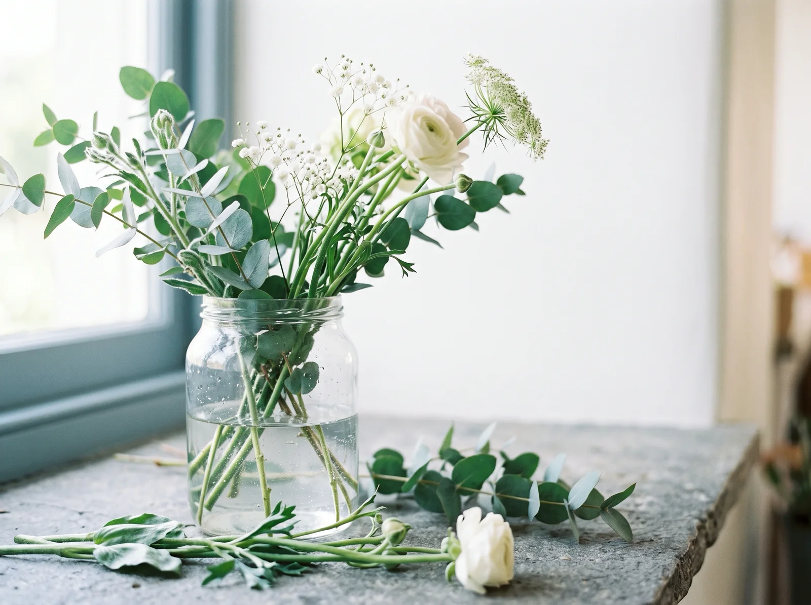 Cut Flowers in a Clear Glass Jar — AI-generated photograph