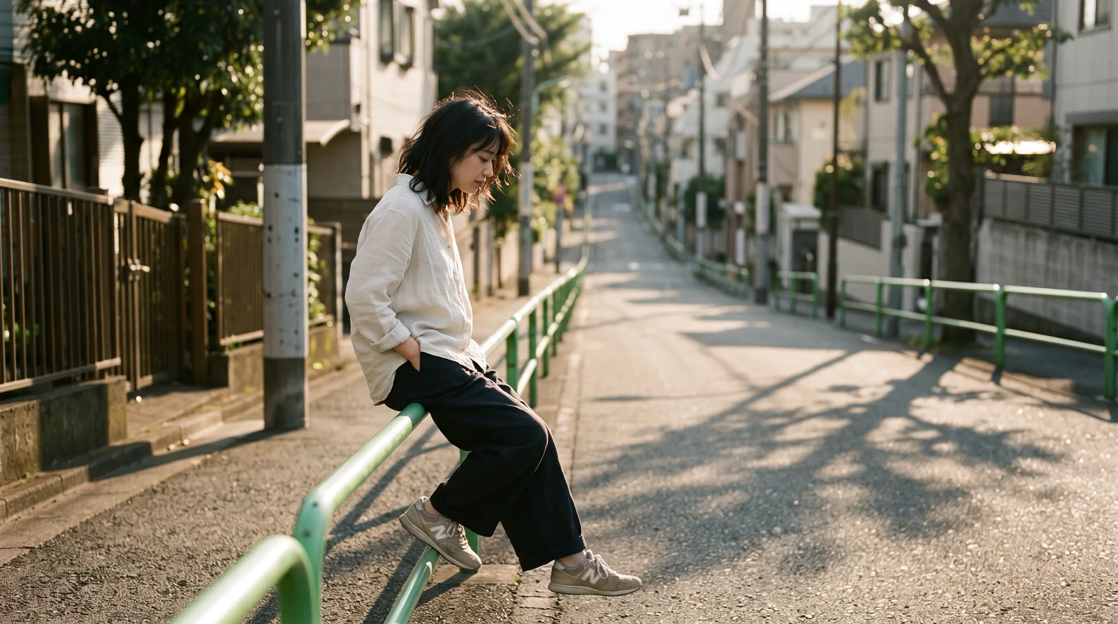 Woman Leaning on a Green Guardrail at Dusk — AI-generated photograph