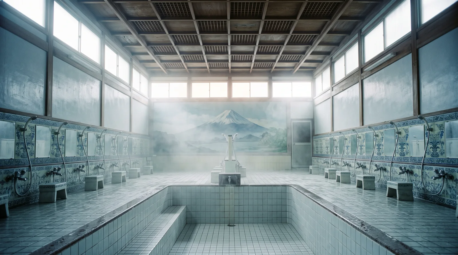 Empty Bathhouse Pool and Coffered Ceiling — AI-generated photograph