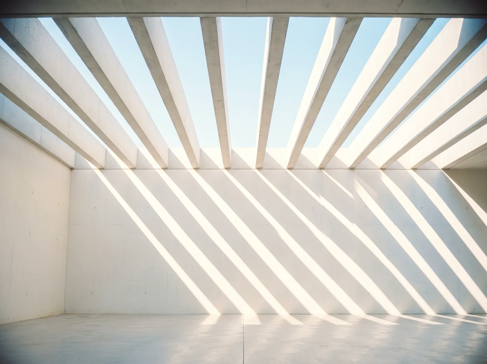 Louvered Shadow Bands in a White Concrete Atrium — AI-generated photograph