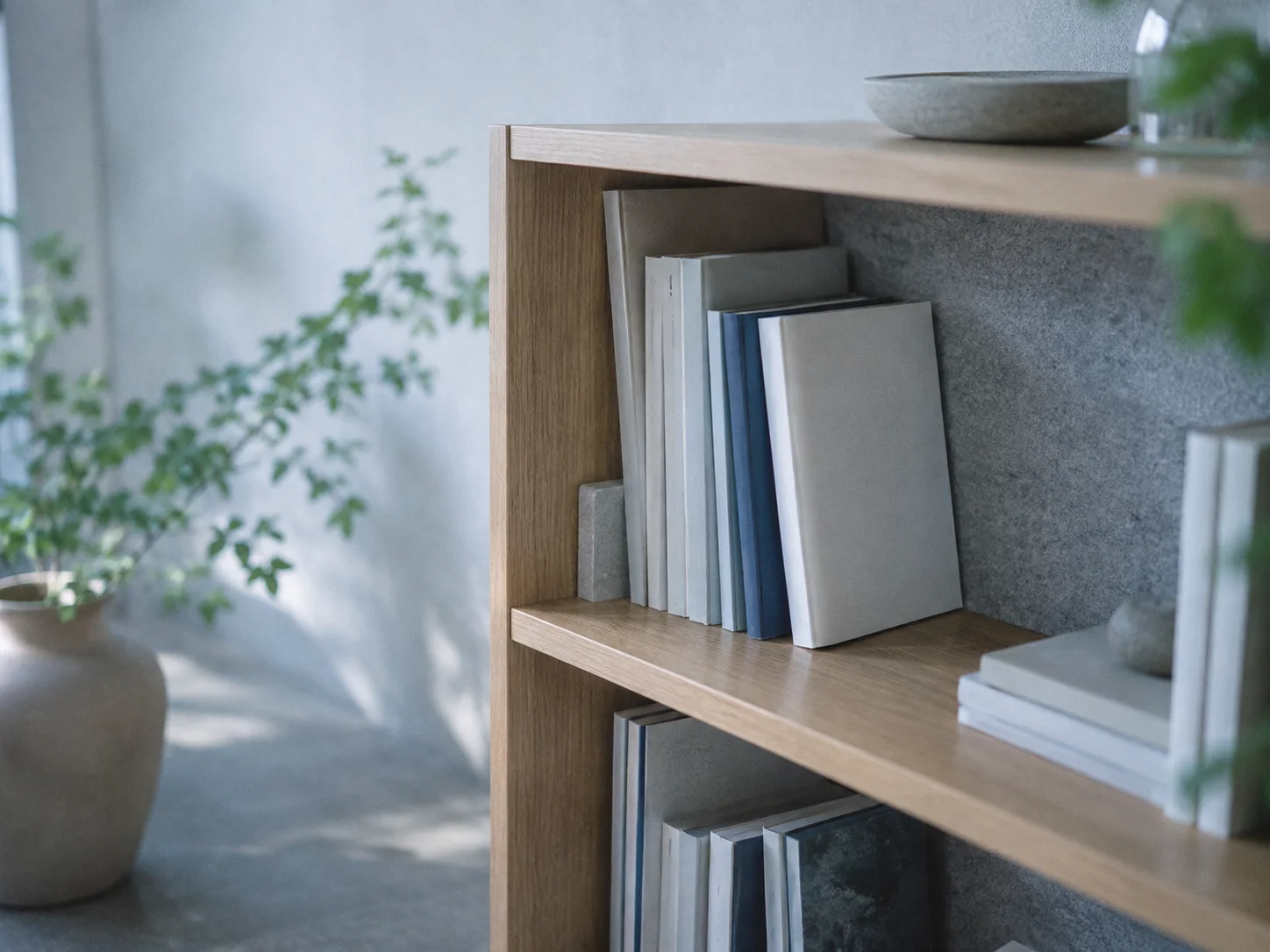 Low Bookshelf Beside a Ceramic Vase — AI-generated photograph