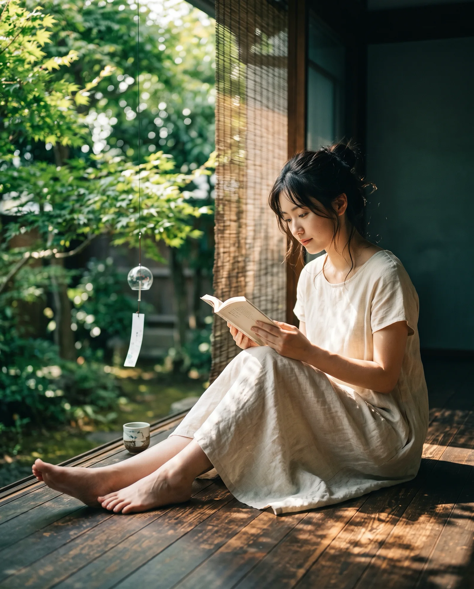 Woman Reading on a Wooden Veranda — AI-generated photograph
