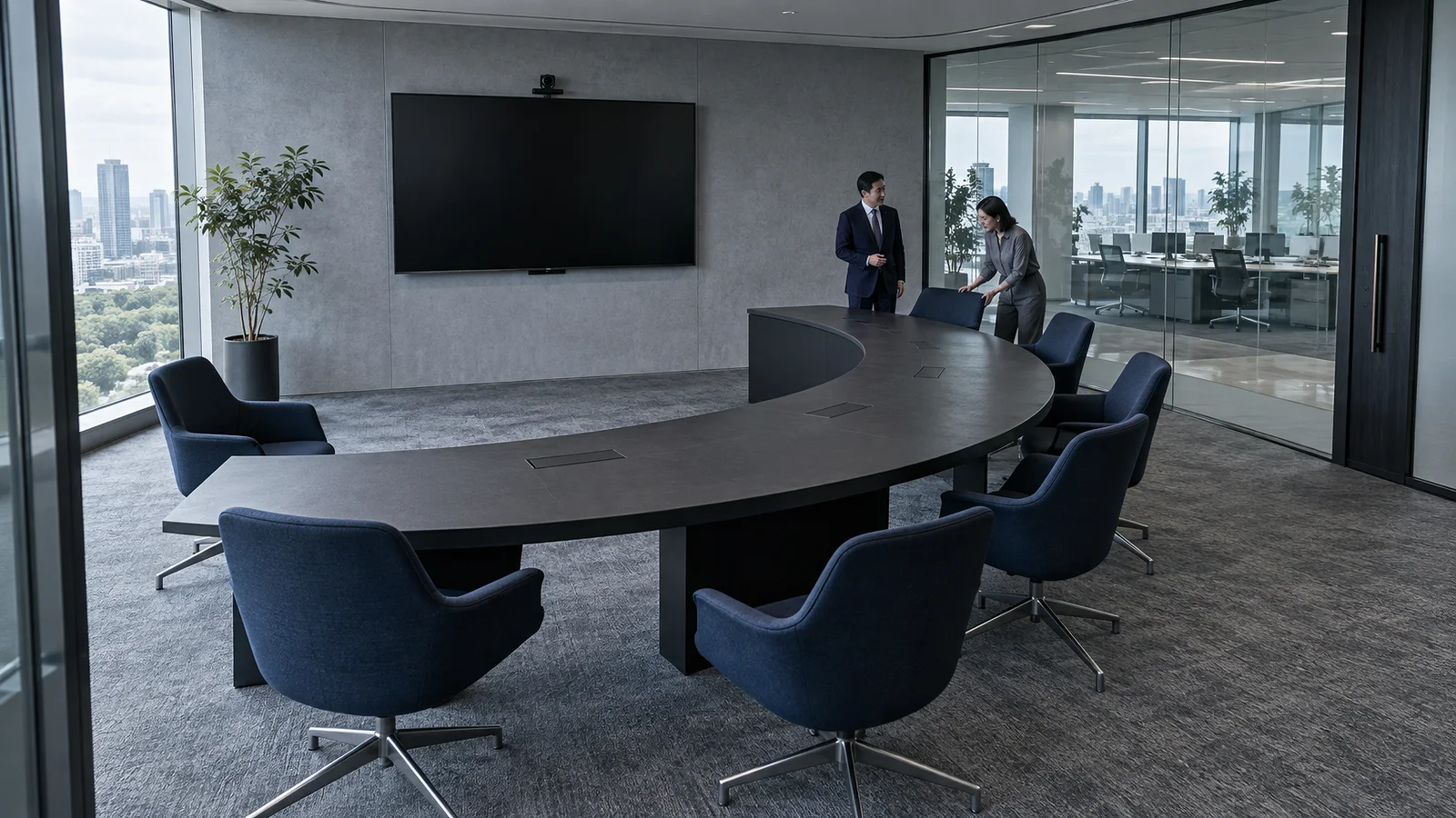 Employees Preparing a Large Conference Room — AI-generated photograph