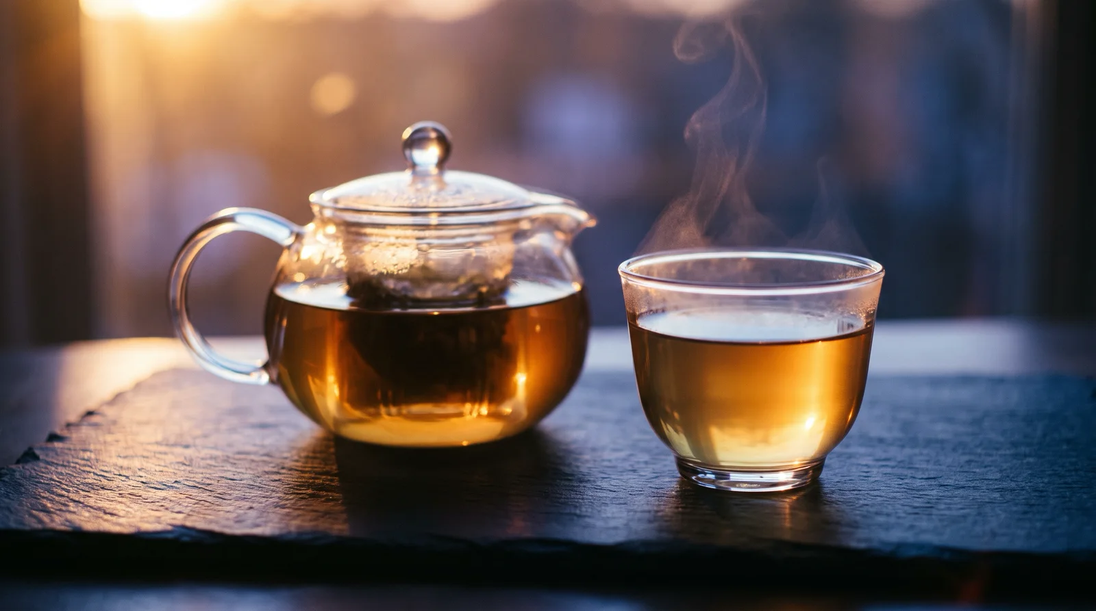 Backlit Glass Teapot in Amber Dusk Light — AI-generated photograph