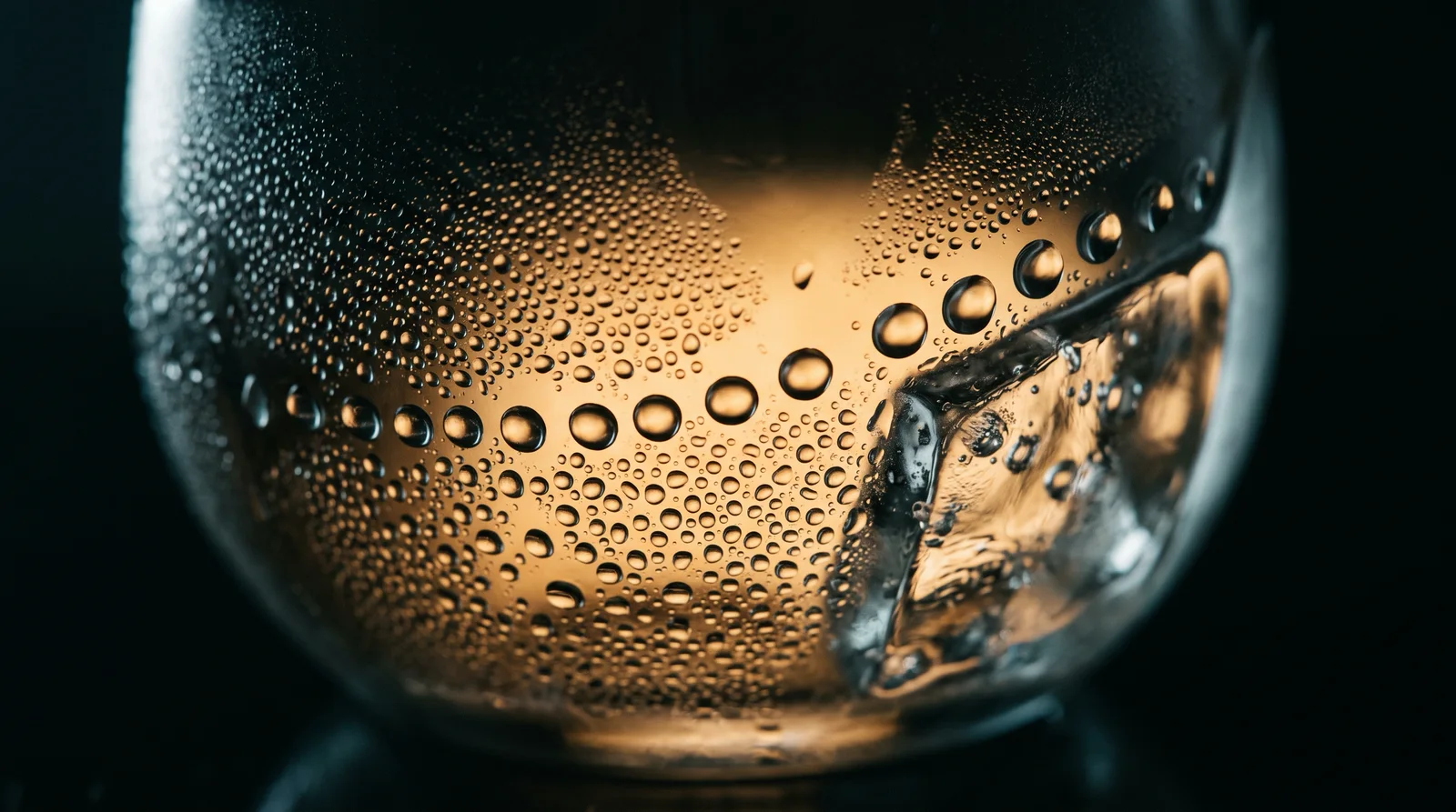 Macro of Condensation Droplets on a Cold Glass — AI-generated photograph