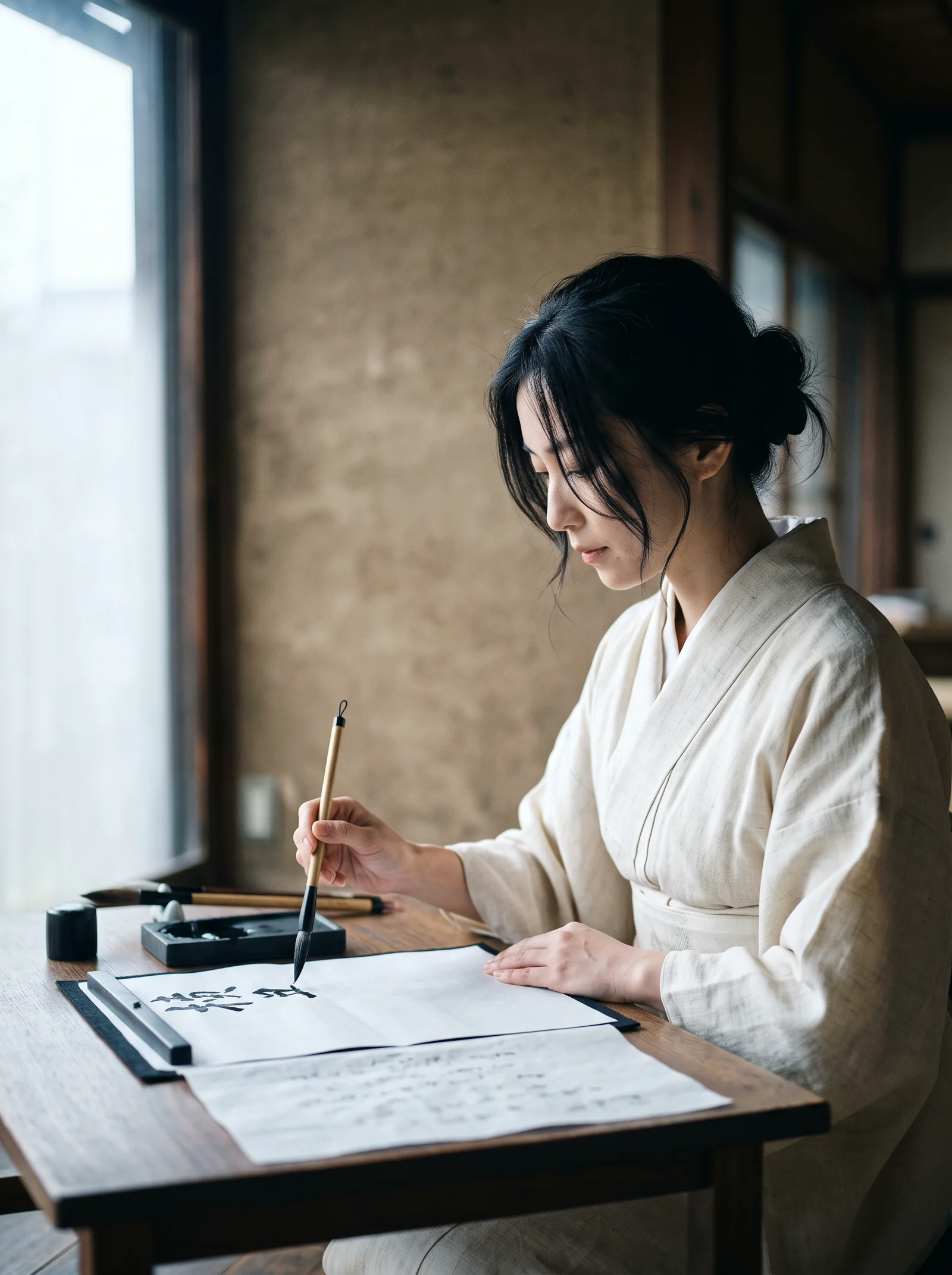 Woman Writing Calligraphy by an Overcast Window — AI-generated photograph