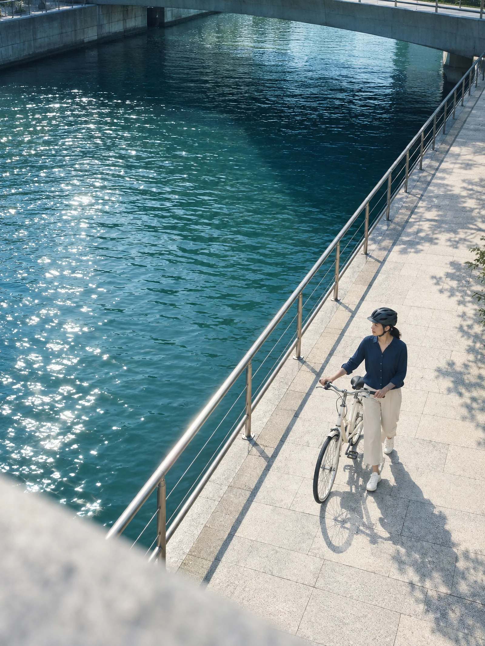 Woman Walking a Bicycle Beside Water — AI-generated photograph