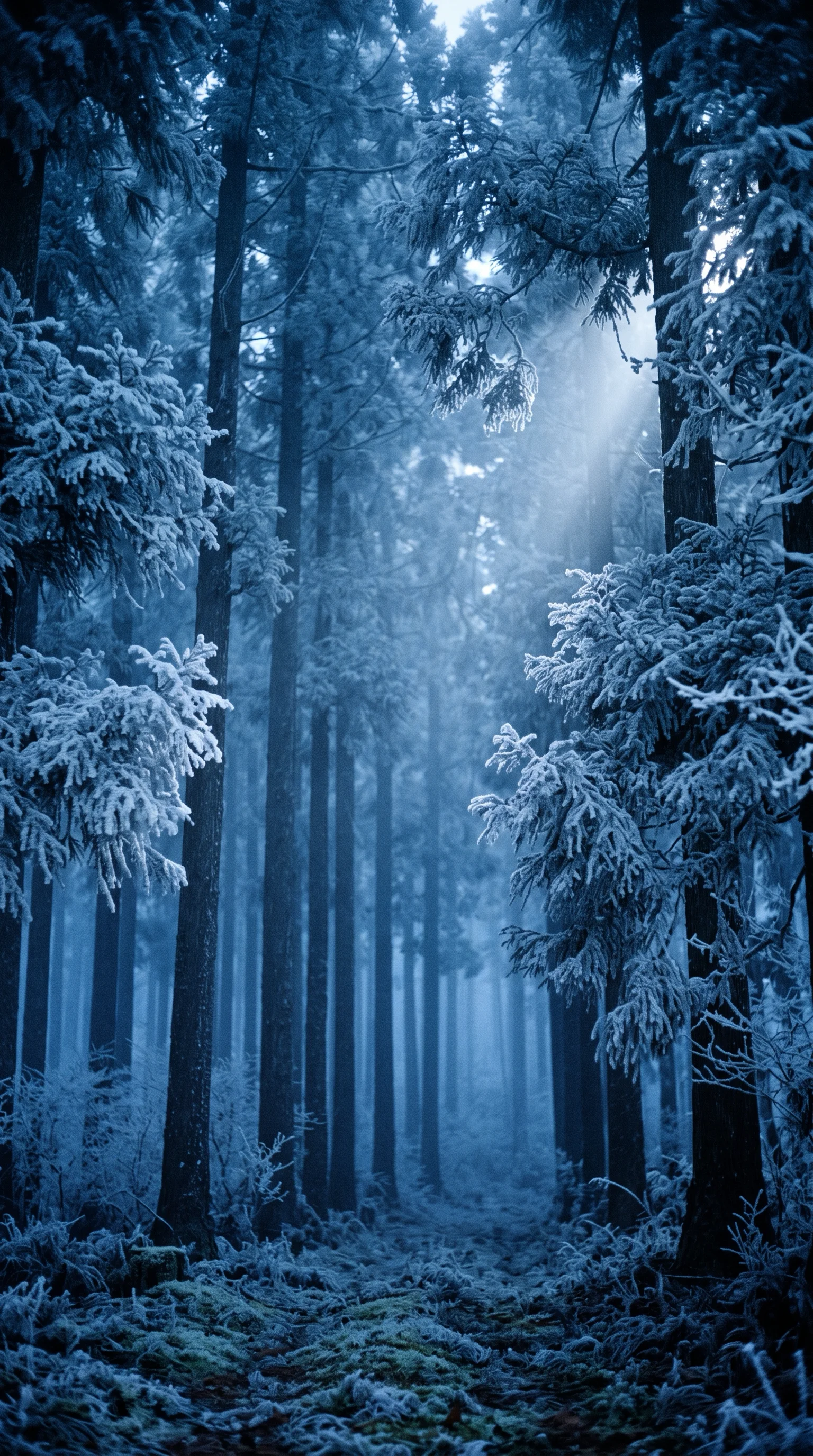 Rime-Frosted Cedars and a Faint Predawn Light Beam — AI-generated photograph
