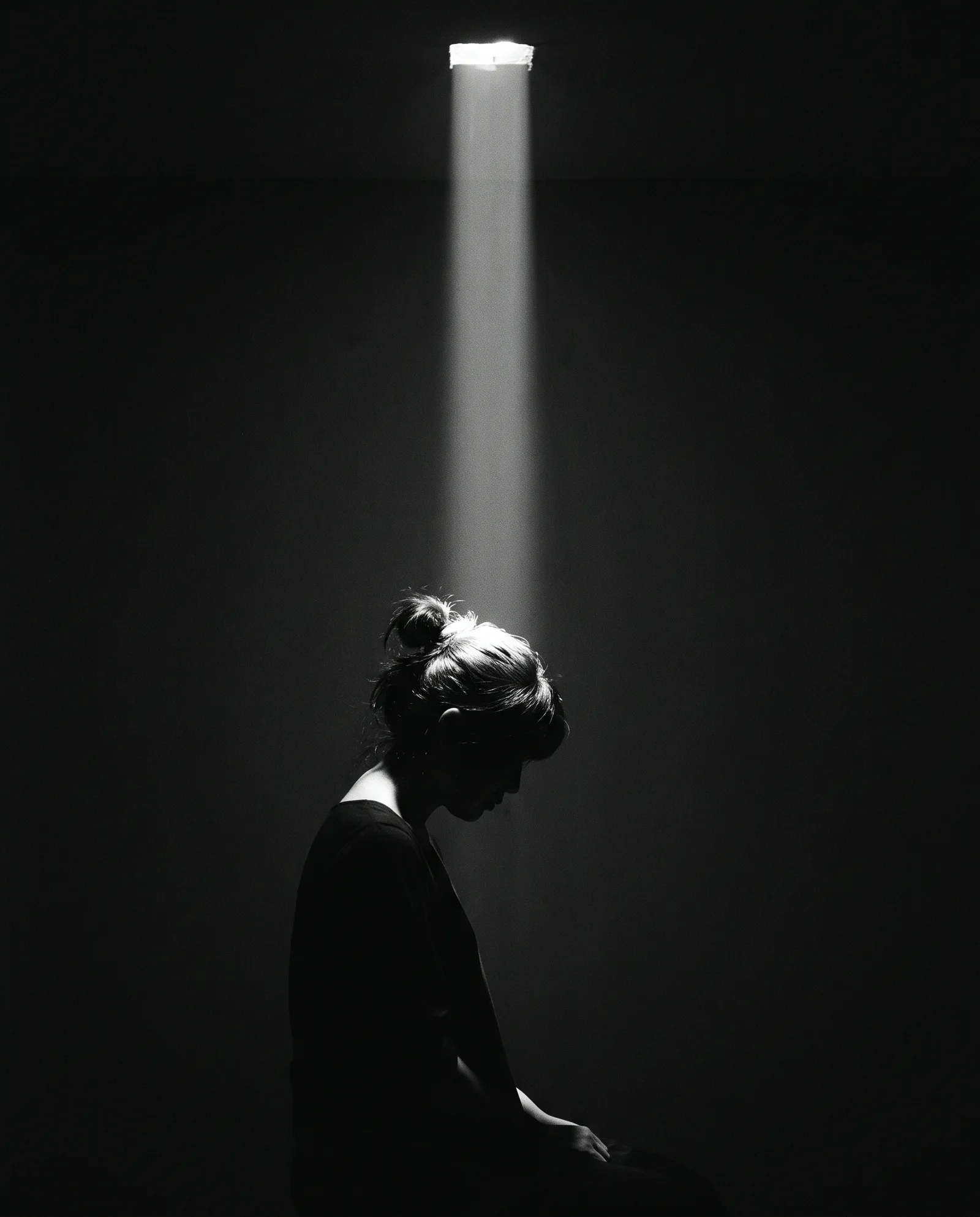 Downcast Profile Under a Shaft of Light — AI-generated photograph