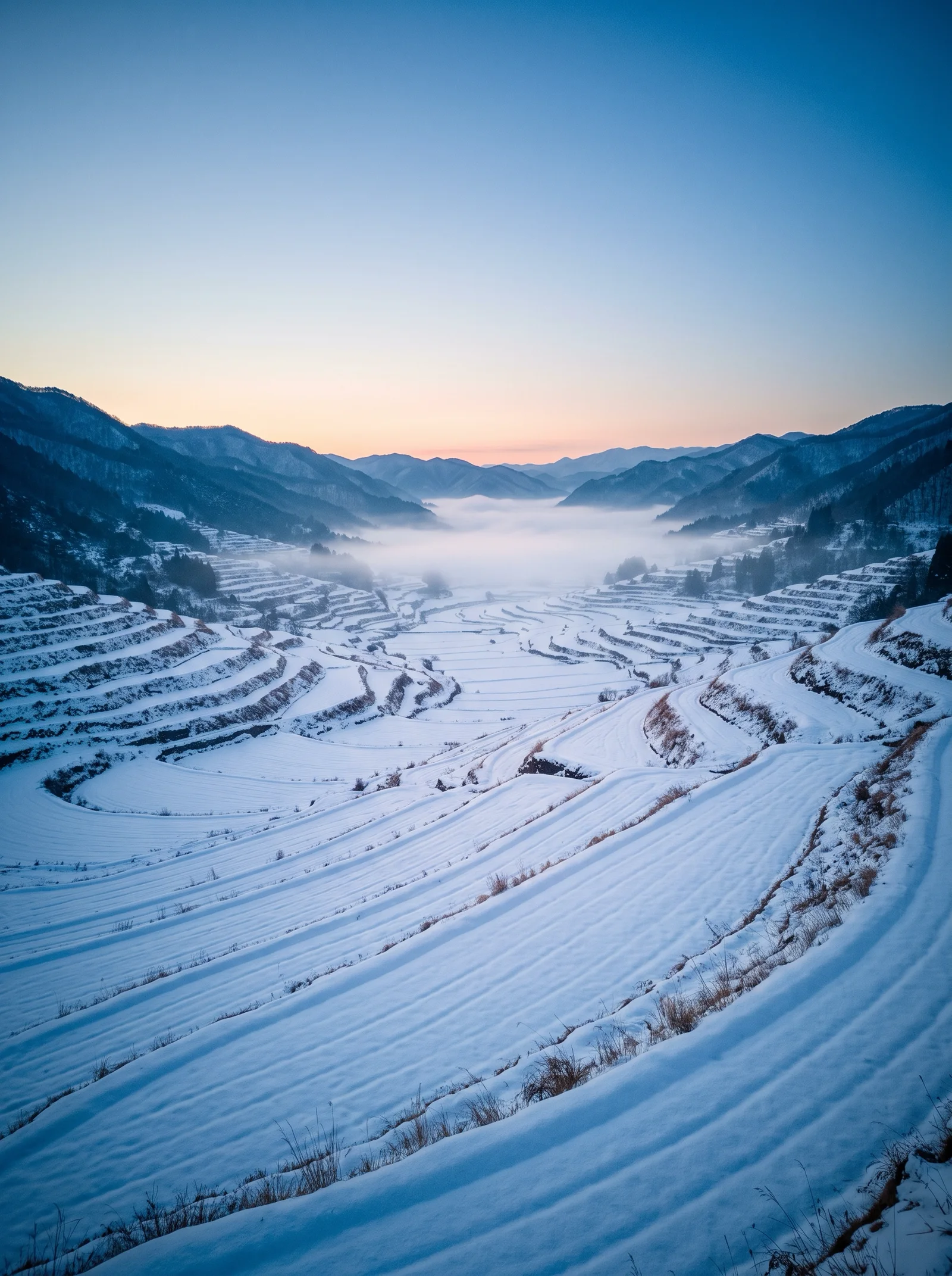 Snow-Covered Terraced Fields Before Sunrise — AI-generated photograph
