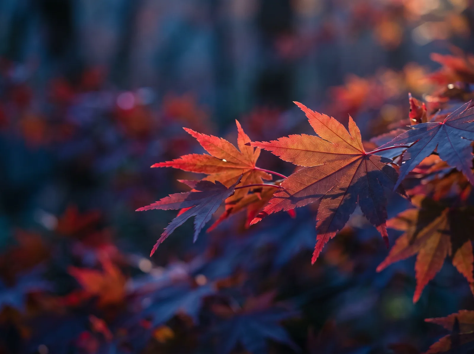 Backlit Crimson Maple Leaves at Dusk — AI-generated photograph