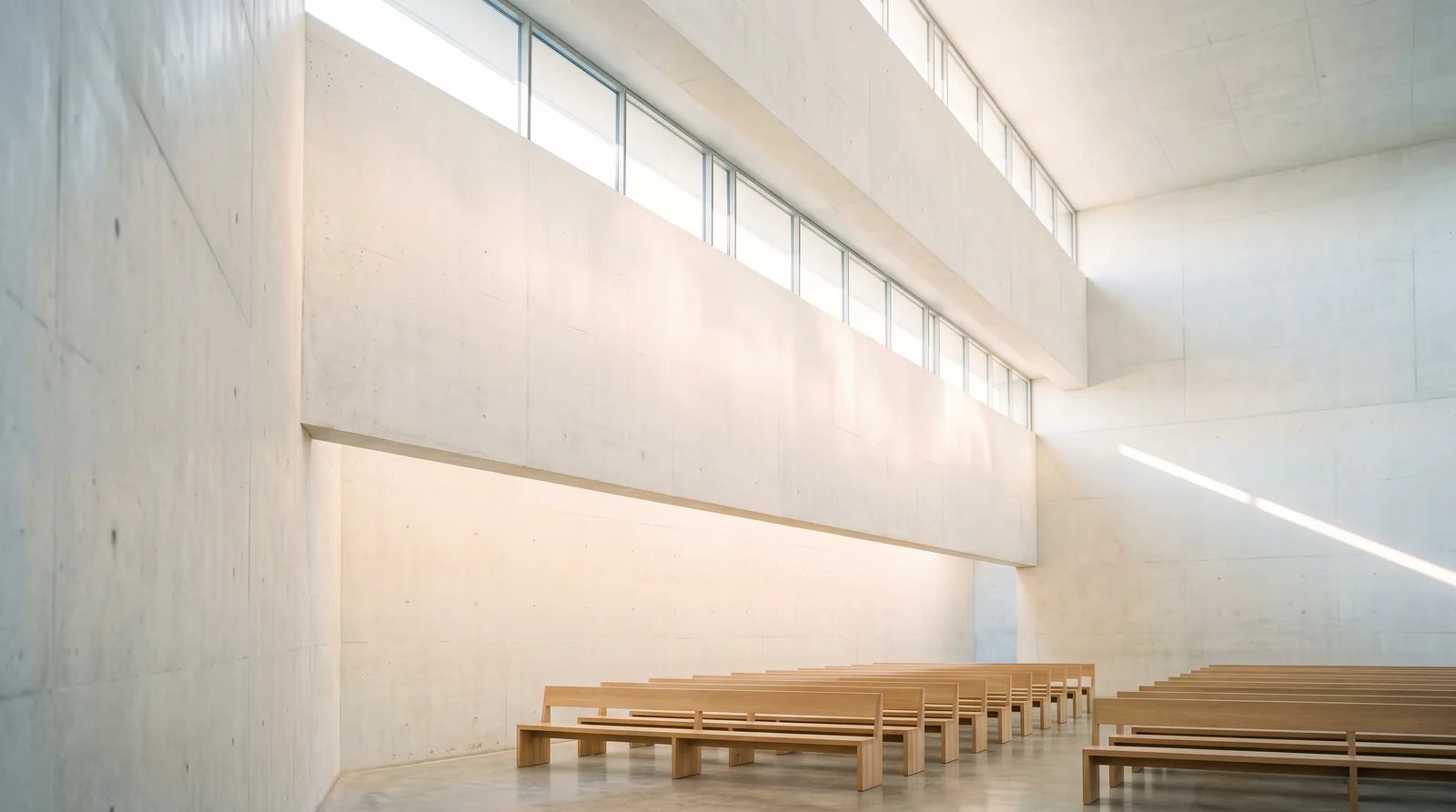 White Concrete Chapel Interior in Pale Daylight — AI-generated photograph