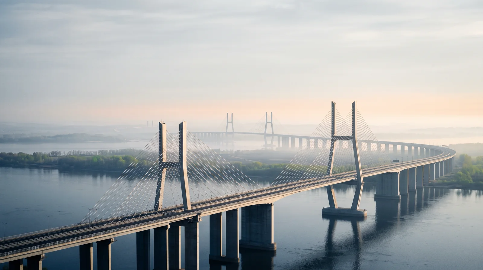 Cable-Stayed Viaduct Layers in Morning Haze — AI-generated photograph