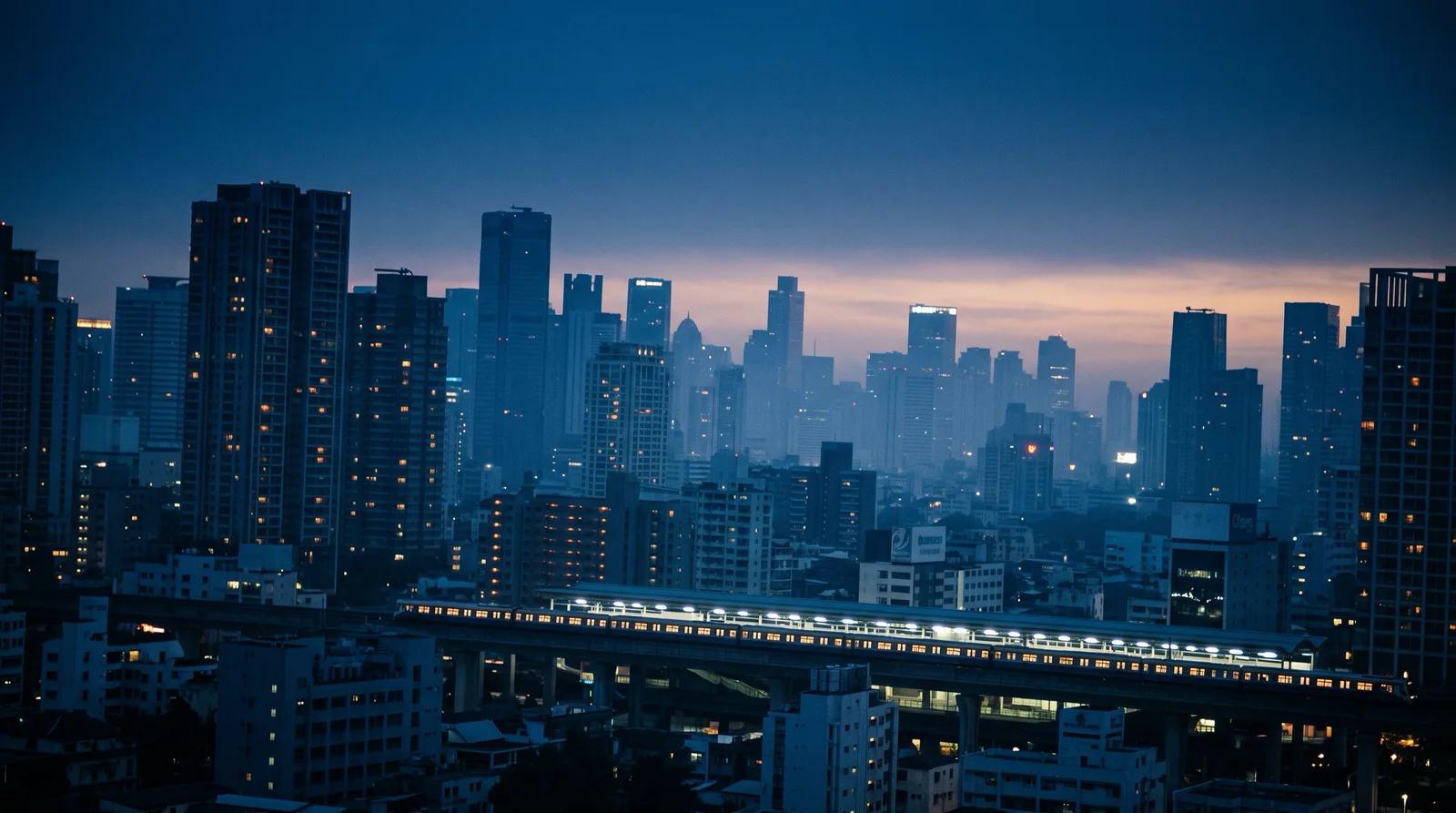 Elevated Train Across a Blue Hour Skyline — AI-generated photograph