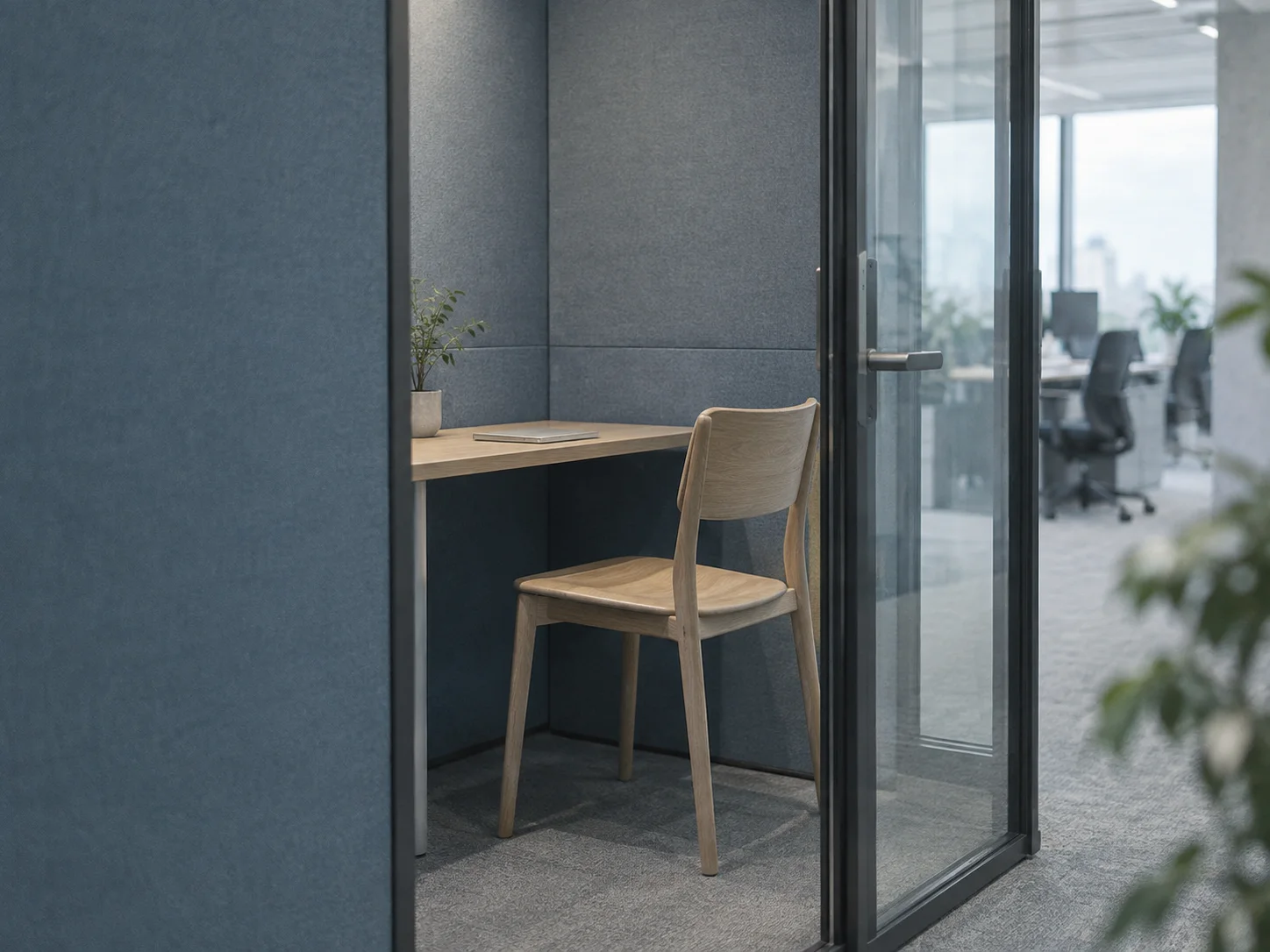 Wooden Chair Inside an Office Work Booth — AI-generated photograph