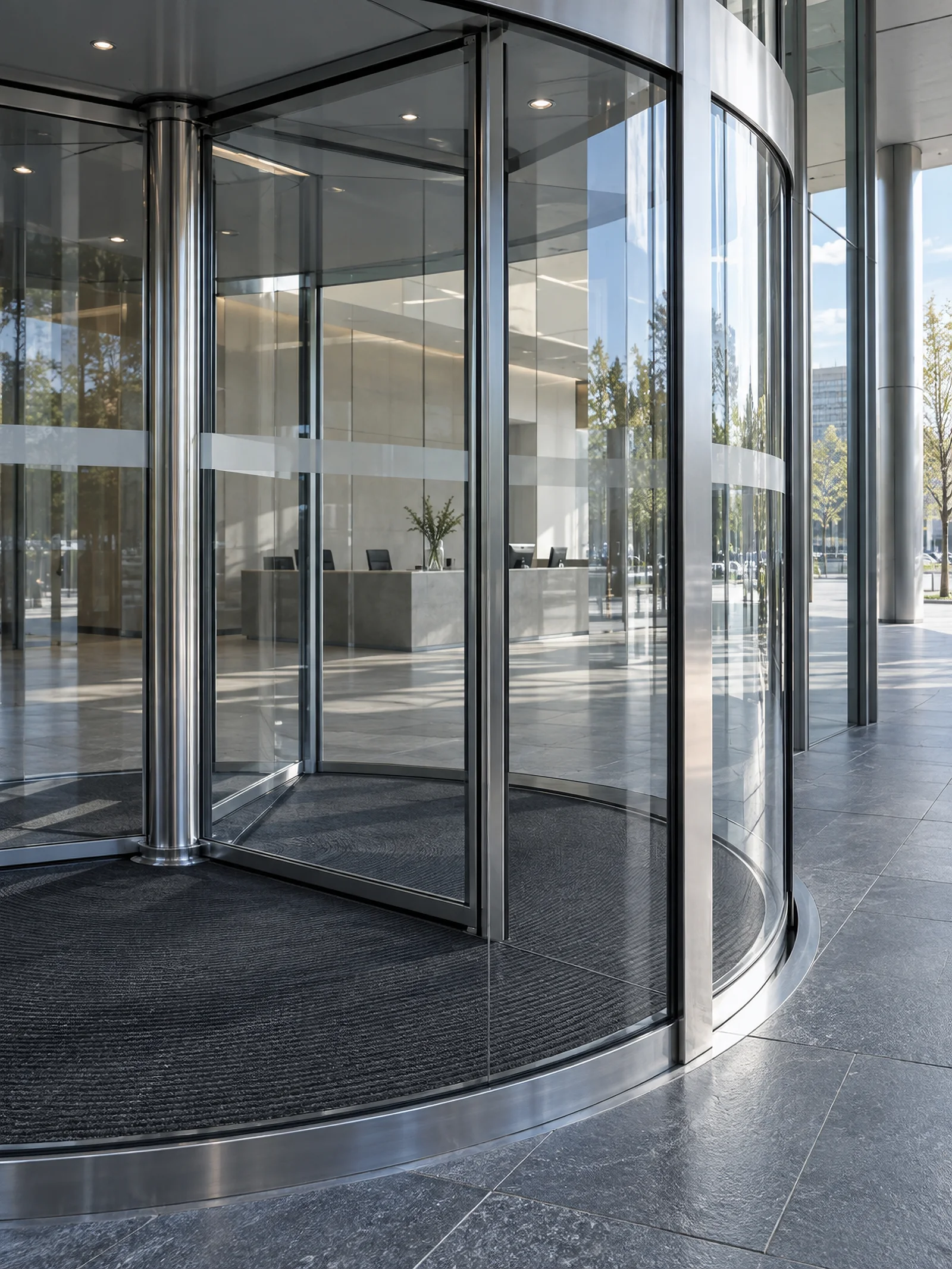 Curved Glass Door Beside an Office Lobby — AI-generated photograph