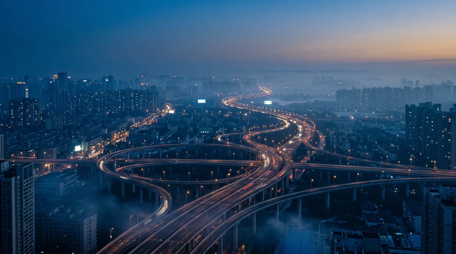 Layered Highway Interchange in Blue Hour Haze — AI-generated photograph