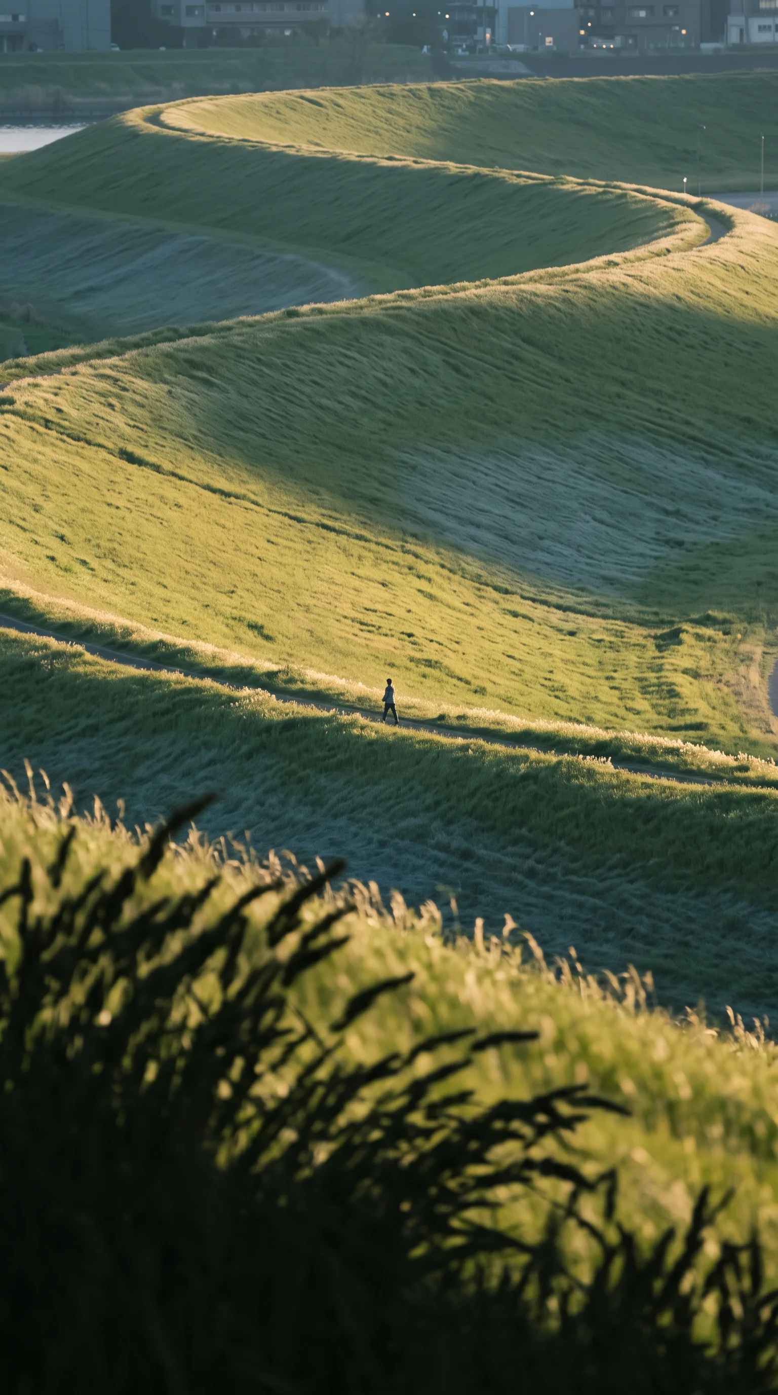 Tiny Figure on Spring Riverbank Grass Ridges at Dusk — AI-generated photograph
