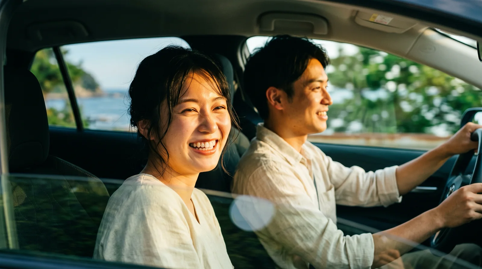 Smiling Couple Driving the Coast in Golden Light — AI-generated photograph