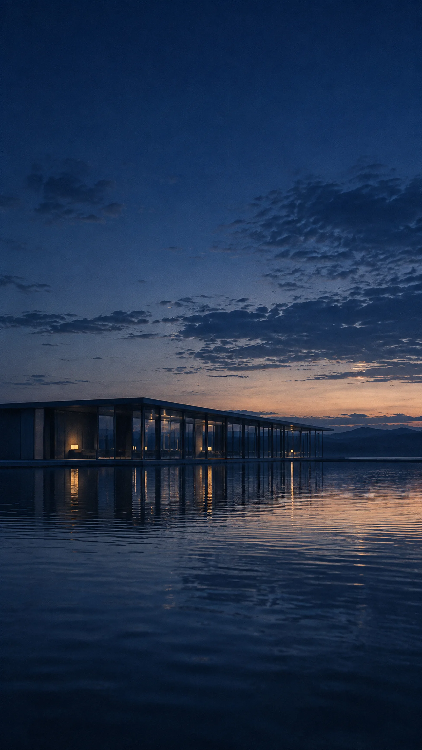 Glazed Colonnade Reflected in Rippling Water — AI-generated photograph