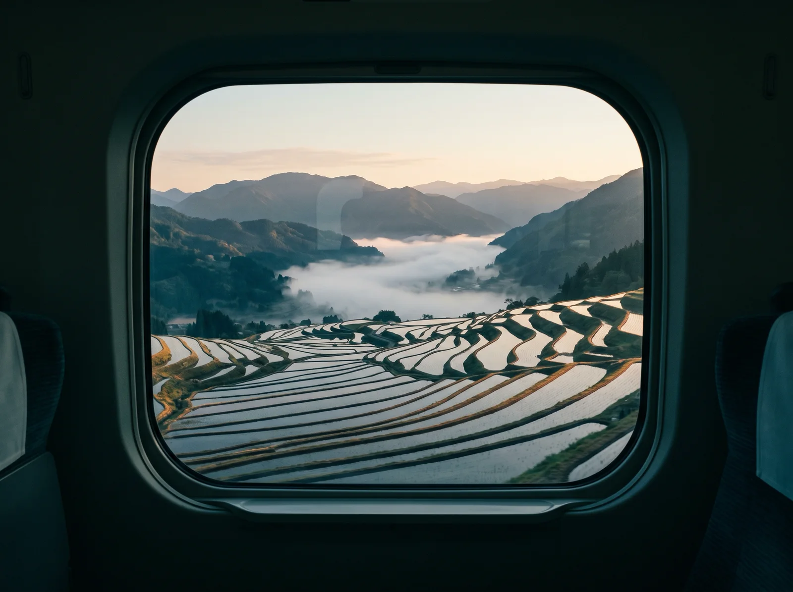 Misty Rice Terraces Through a Train Window — AI-generated photograph