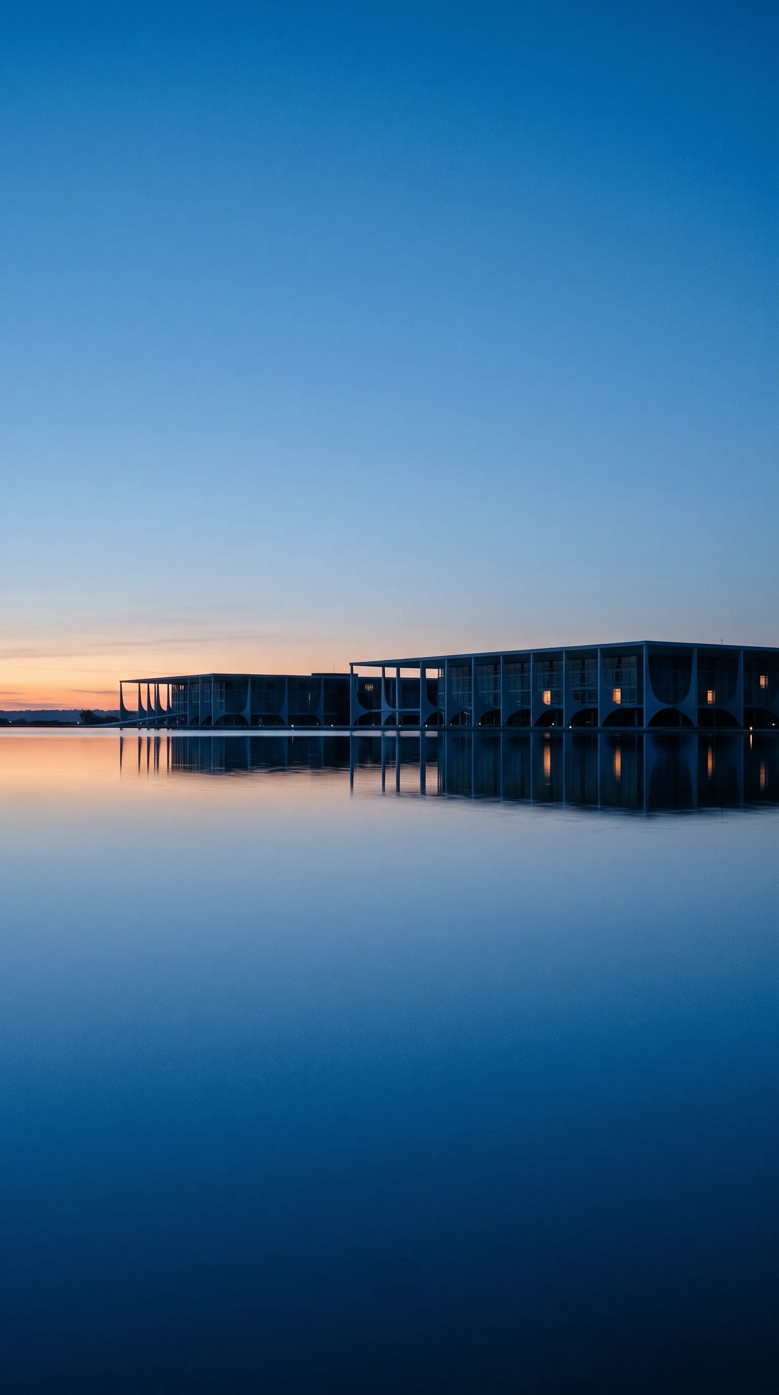 Distant Colonnade Mirrored in Still Water — AI-generated photograph
