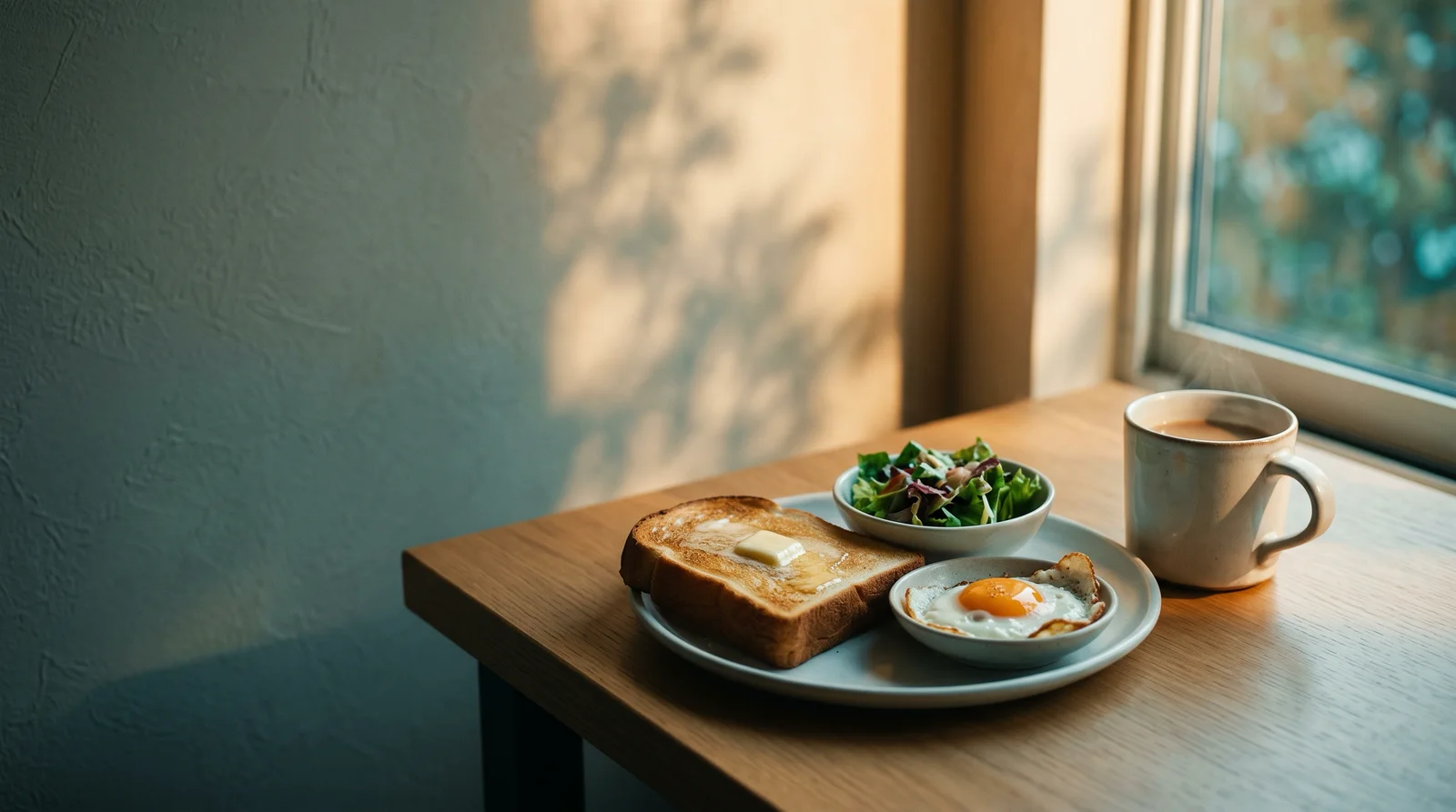 Breakfast Plate and Coffee in Warm Window Light — AI-generated photograph