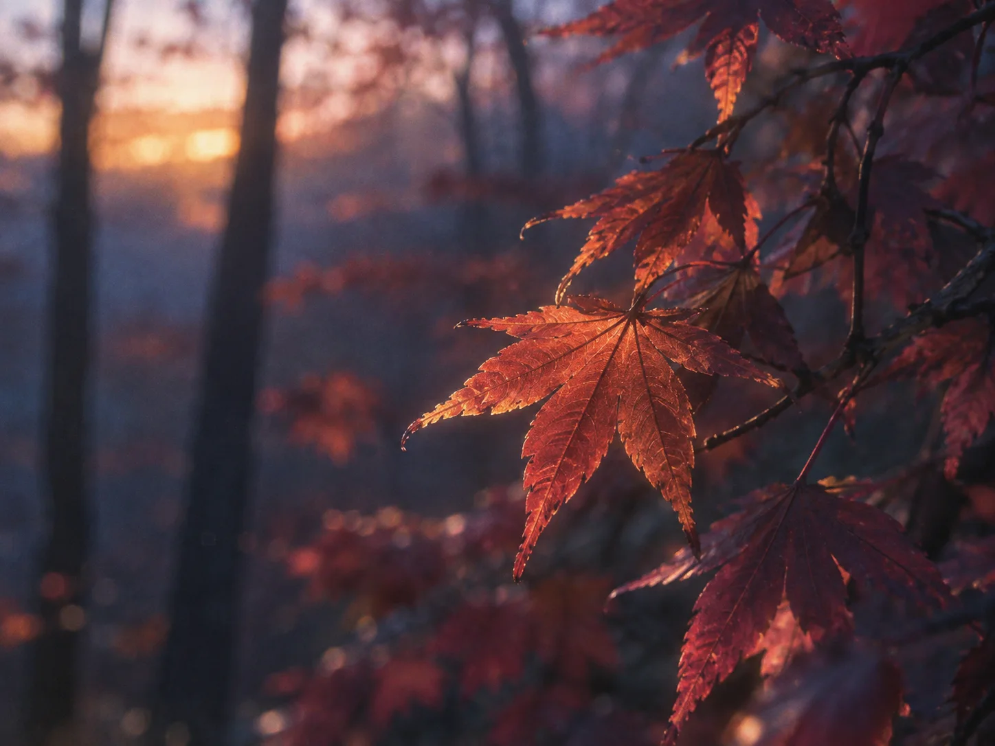 Crimson Maple Leaves Against Forest Mist — AI-generated photograph