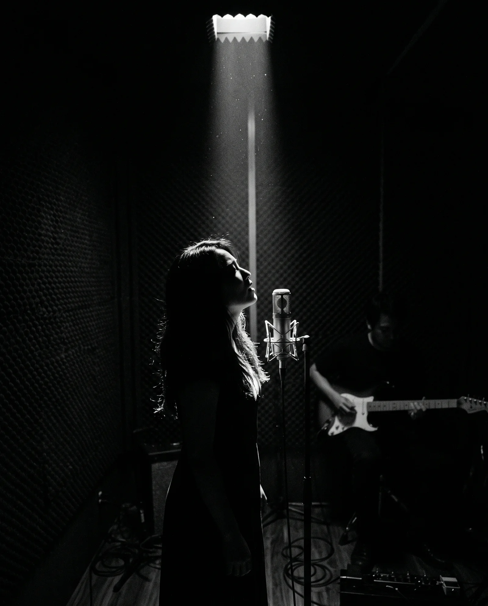Woman Singing at a Microphone in Shadow — AI-generated photograph