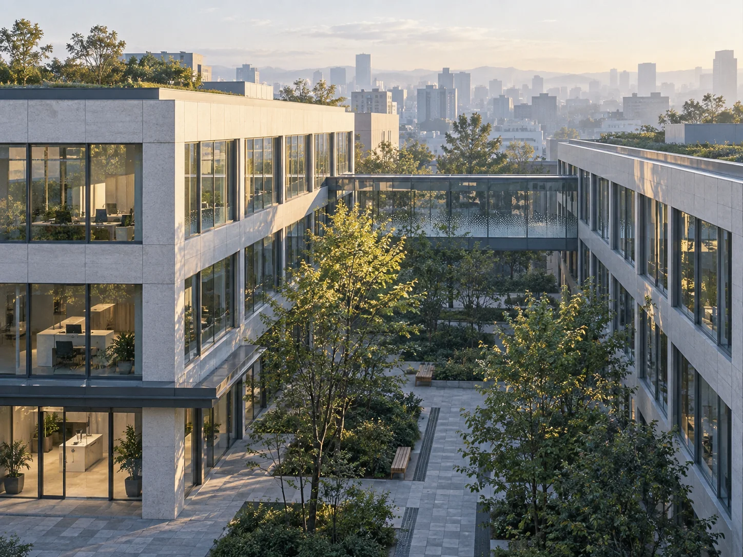 Office Wings Around a Planted Courtyard — AI-generated photograph