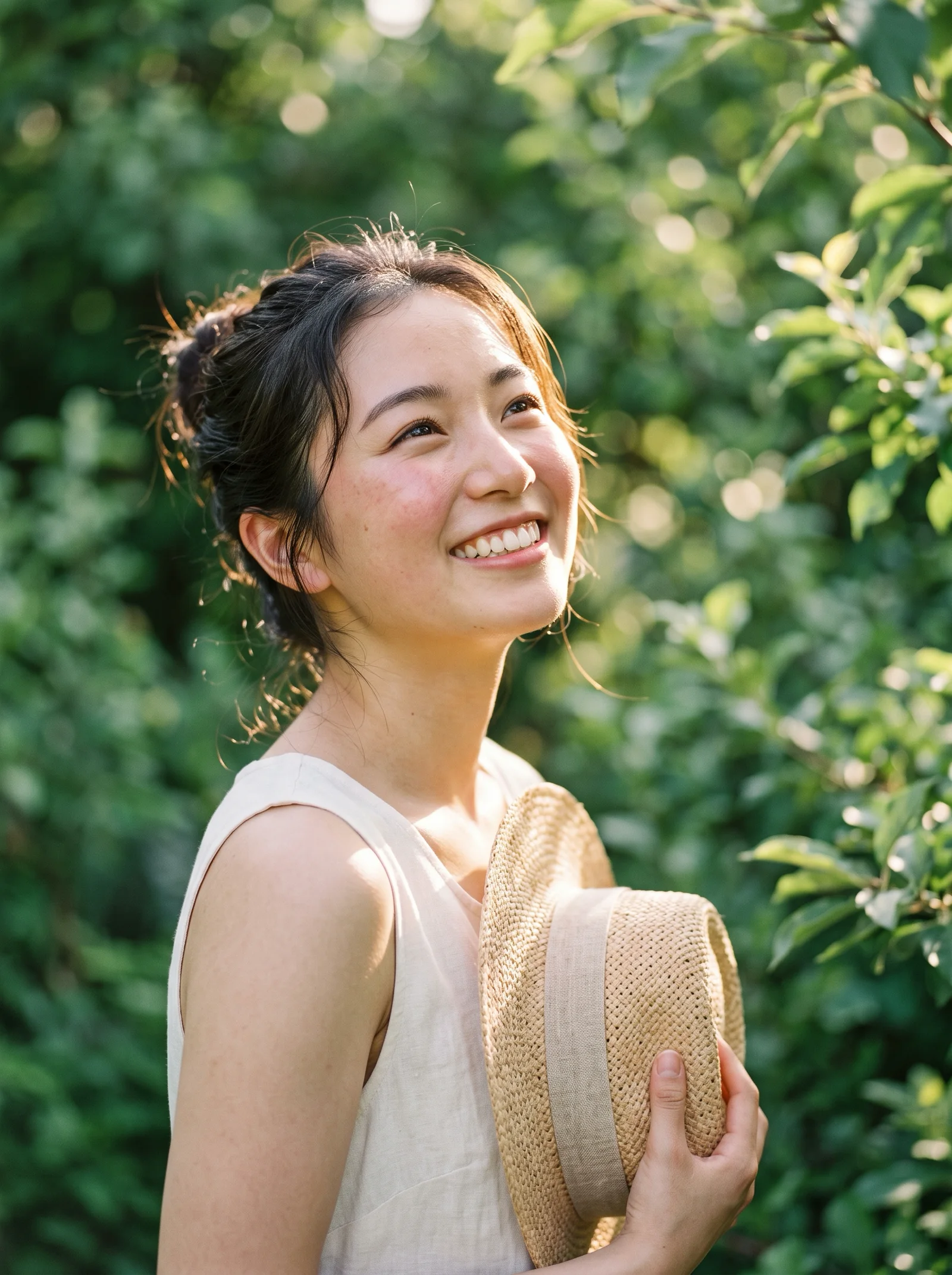 Woman with a Straw Hat in Dappled Shade — AI-generated photograph