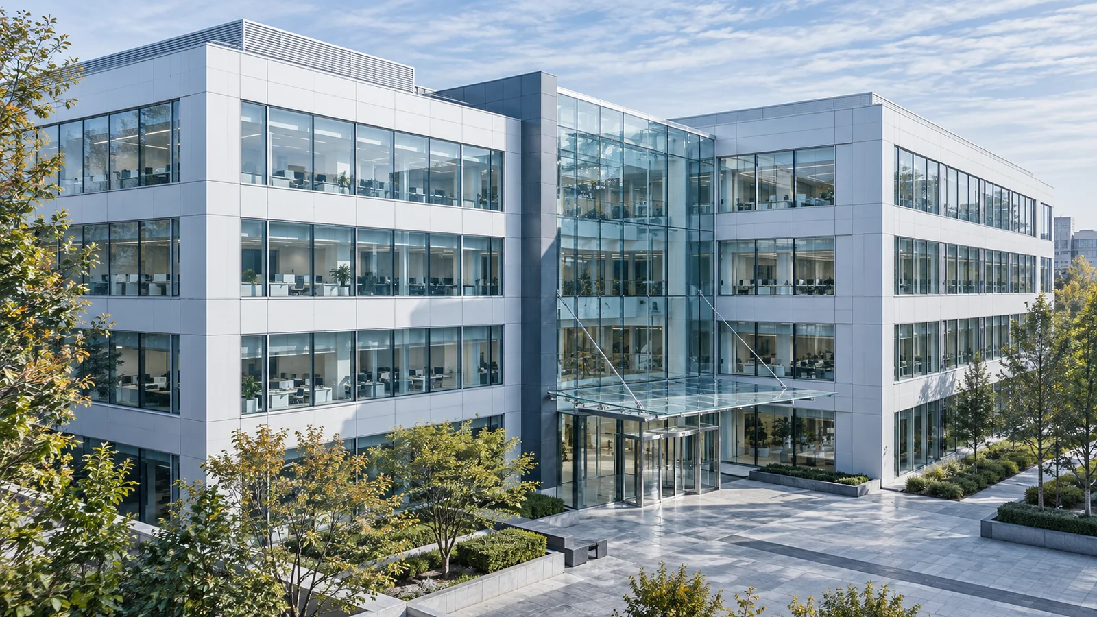 Office Building Behind a Paved Plaza — AI-generated photograph