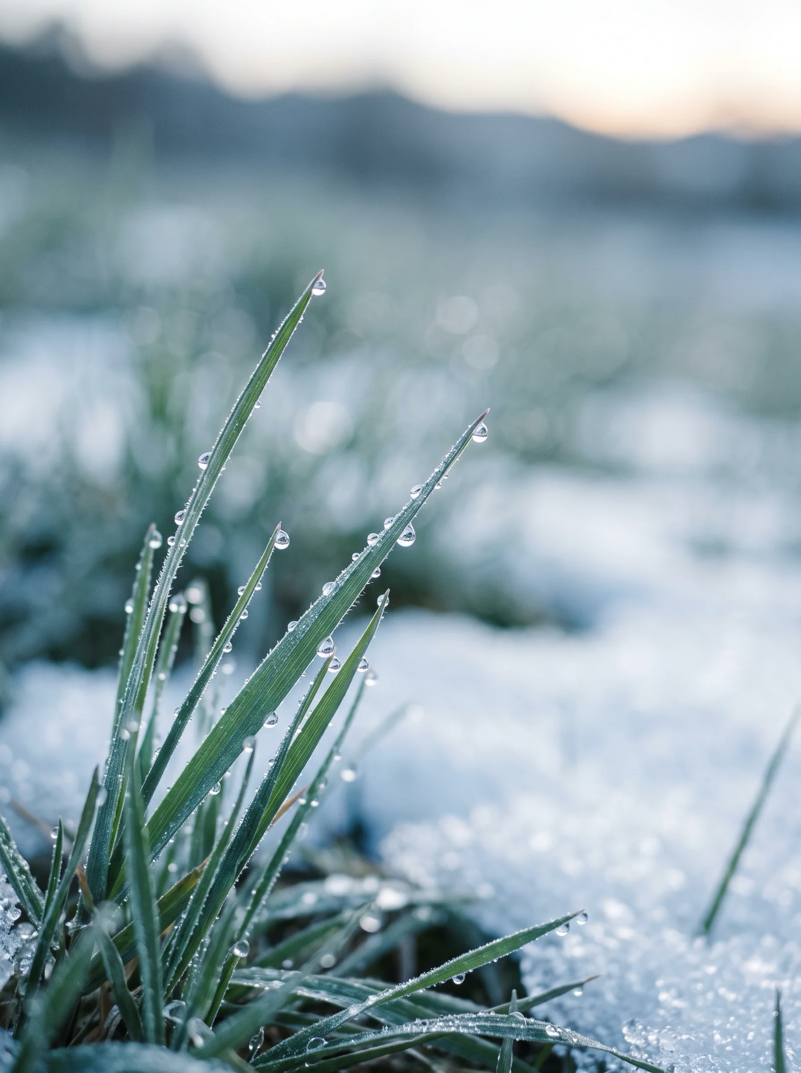 Meltwater Droplets on Green Grass Blades — AI-generated photograph