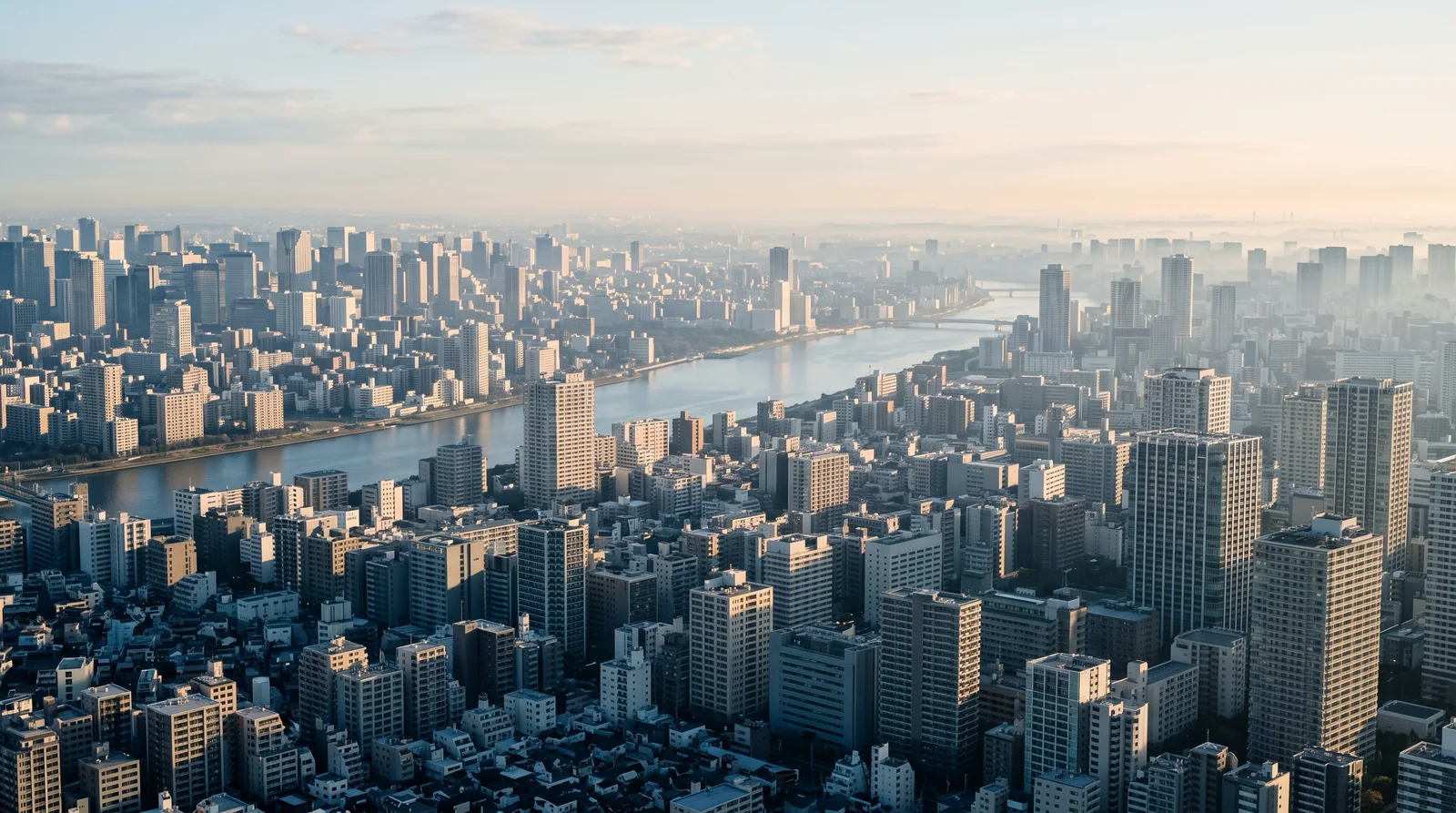 River Winding Through a Hazy Highrise Sea — AI-generated photograph
