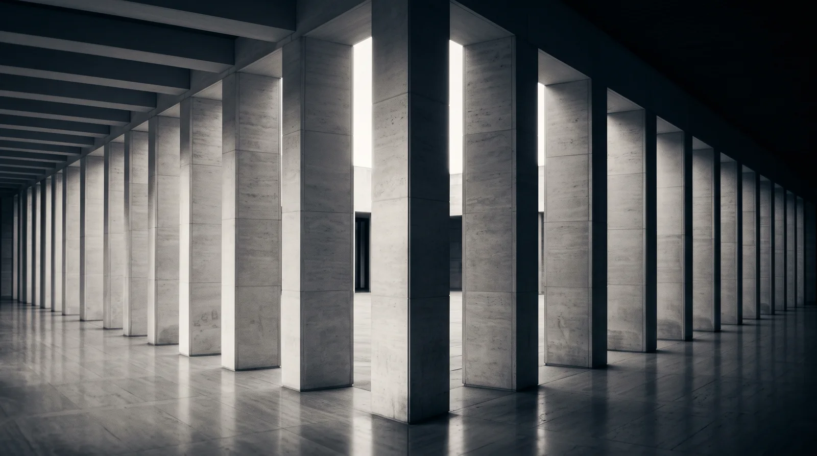 Stone Colonnade Receding in Monochrome — AI-generated photograph