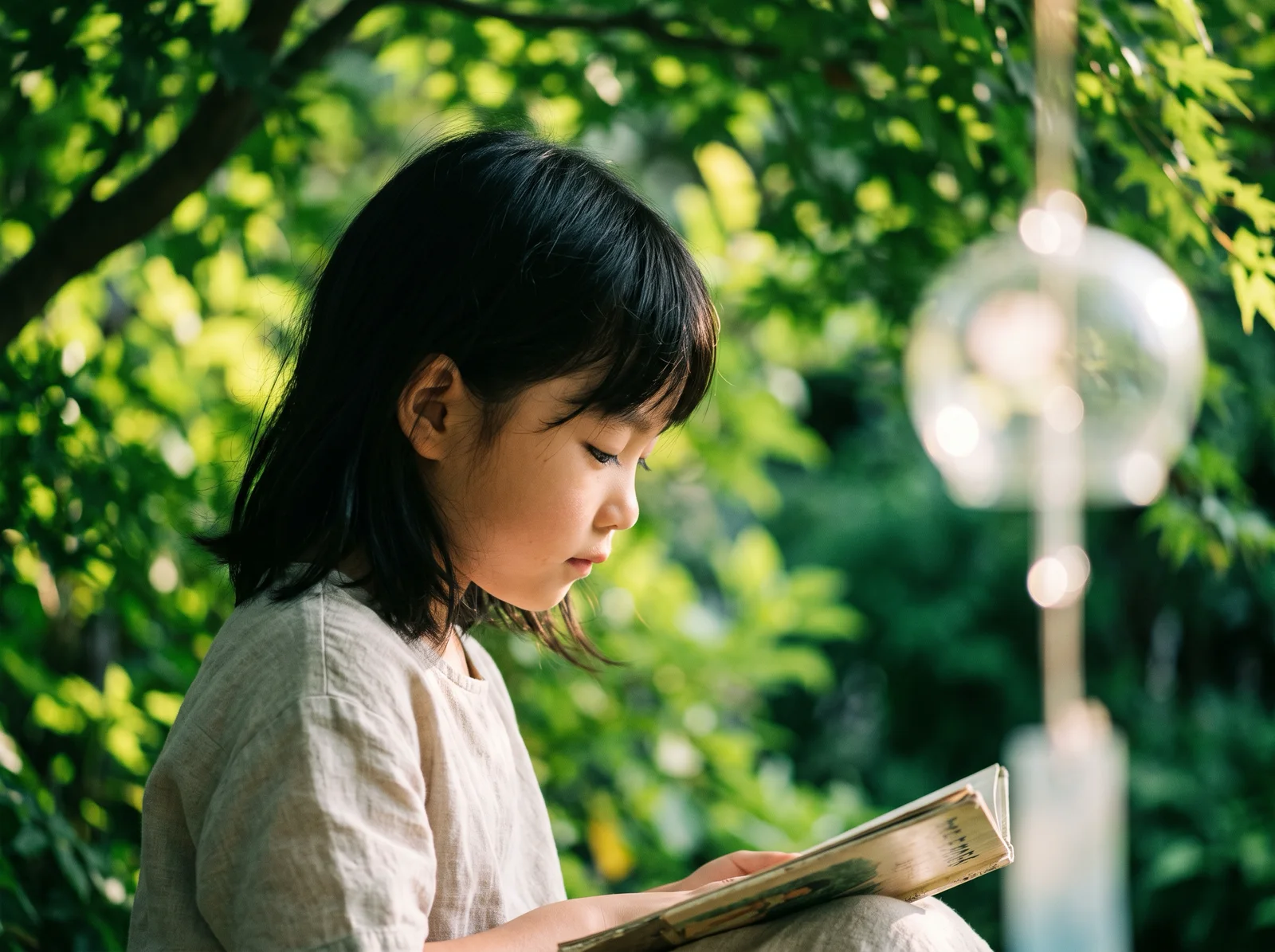 Child in Profile in Dappled Summer Shade — AI-generated photograph