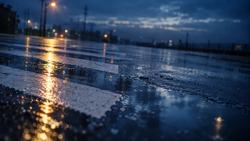 Crosswalk Stripes Reflecting Dusk Streetlights — AI-generated photograph