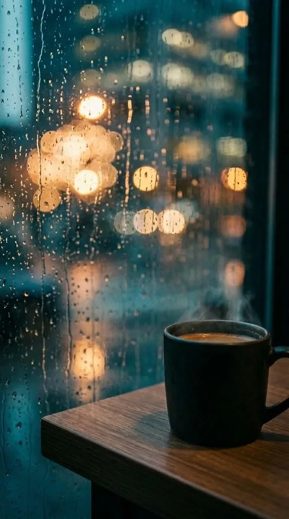 Black Mug by a Rain-Streaked Cafe Window — AI-generated photograph