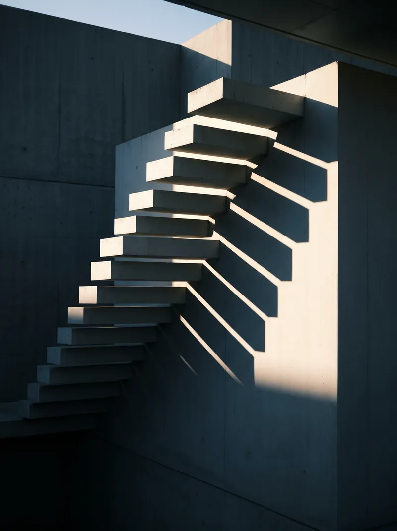 Concrete Stair Shadows on a Courtyard Wall at Dawn — AI-generated photograph