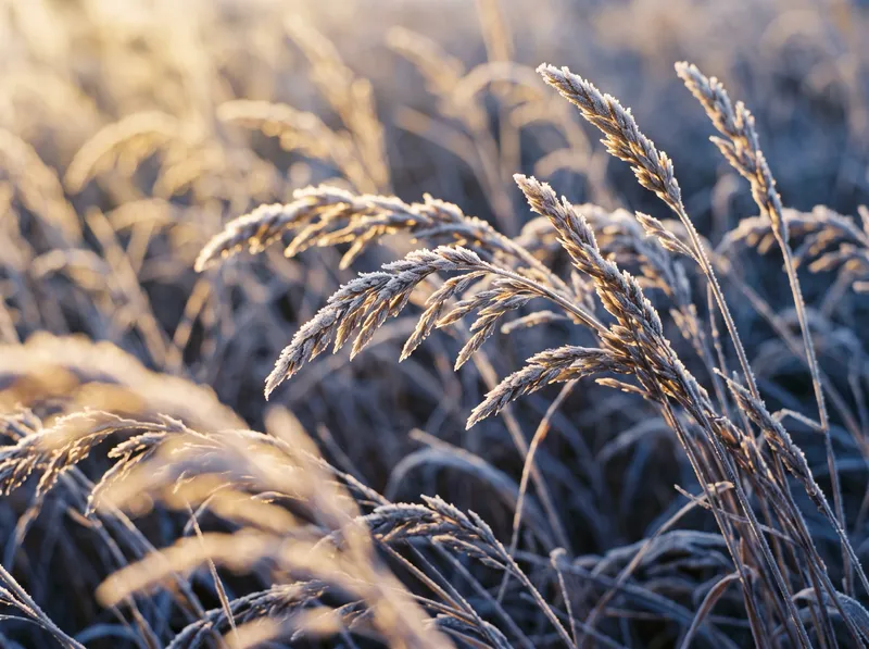 Backlit Frosted Grass Ears With Violet Shadows — AI-generated photograph