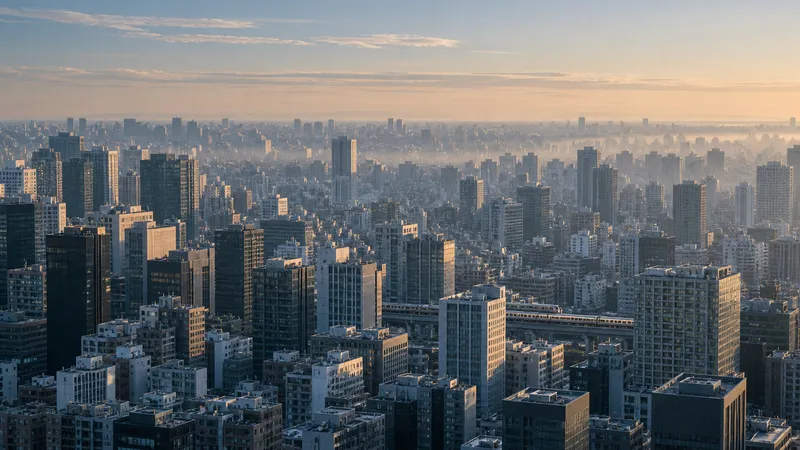 Elevated Train Between Buildings in Morning Haze — AI-generated photograph