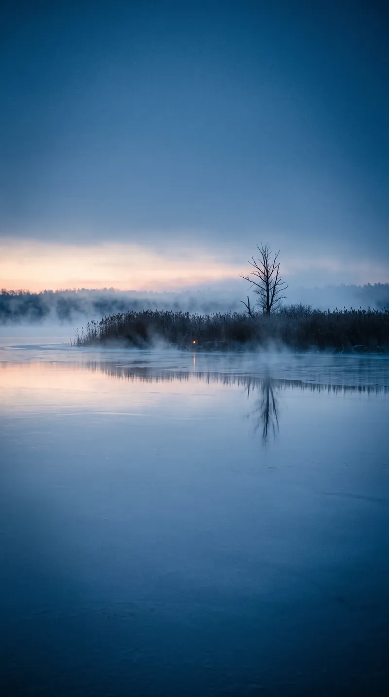 Bare Tree Mirrored in a Foggy Marsh — AI-generated photograph