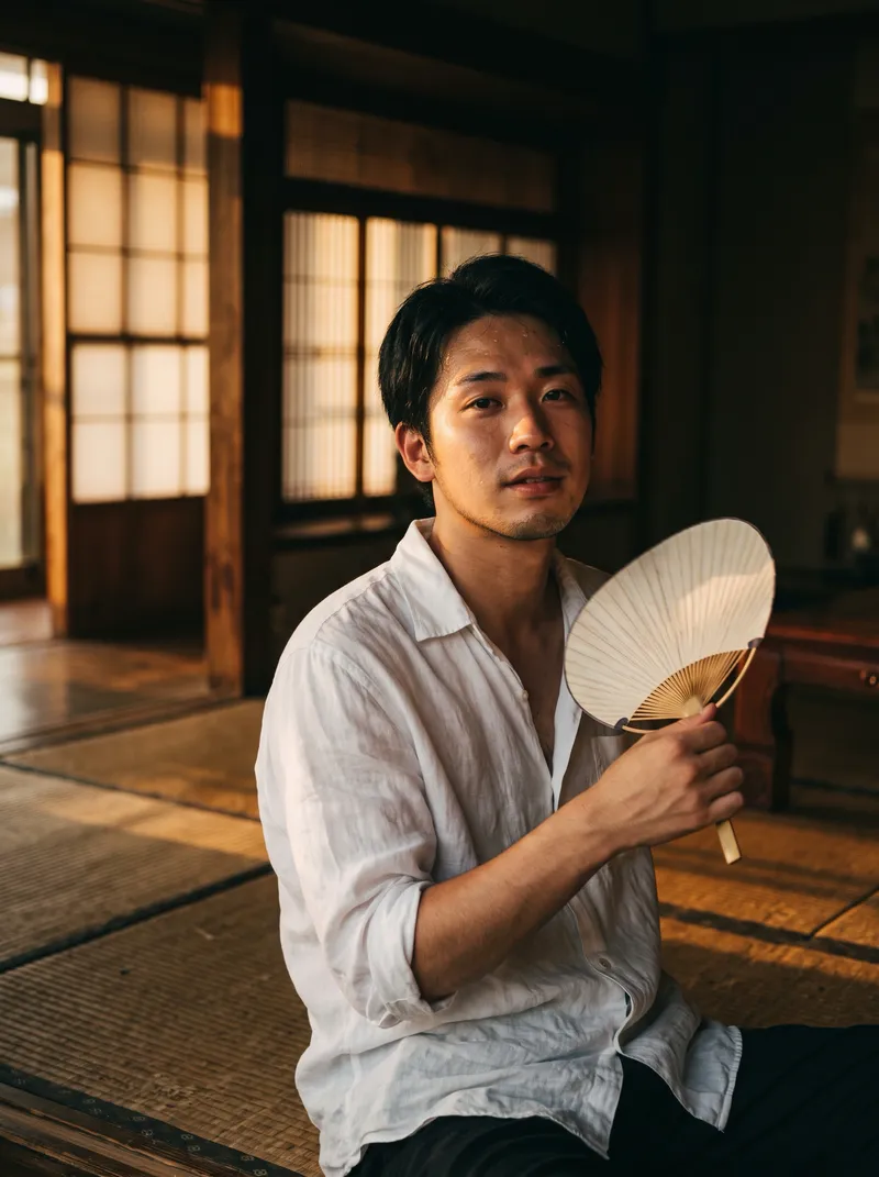 Young Man with a Paper Fan in Evening Light — AI-generated photograph