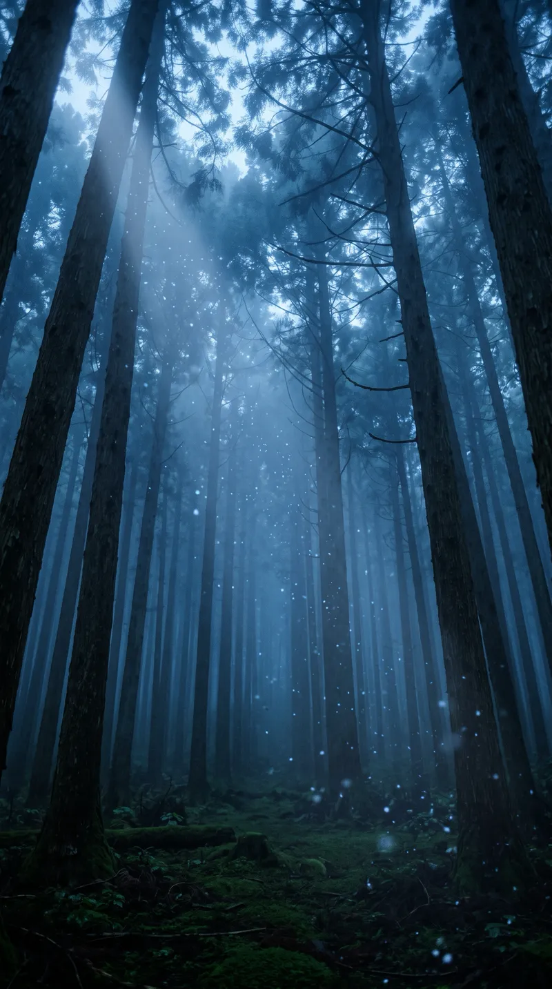 Faint Light Beam and Dust in a Blue Predawn Forest — AI-generated photograph