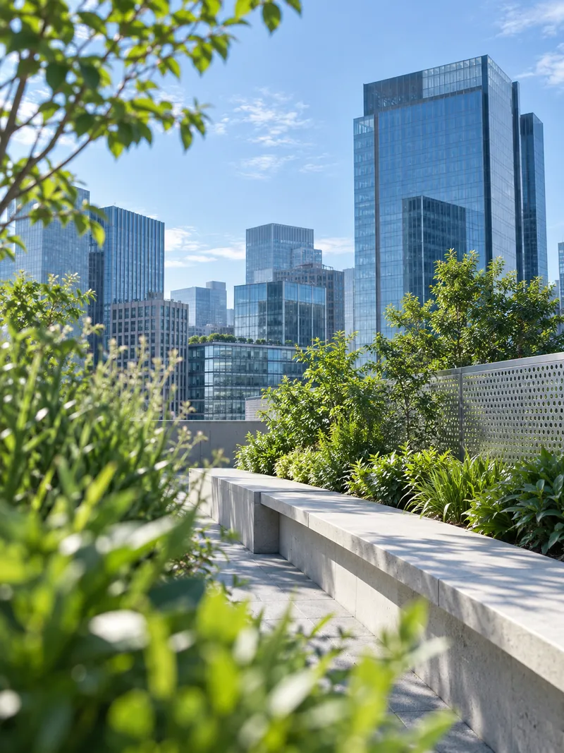 Bench Beside Greenery on an Office Rooftop — AI-generated photograph