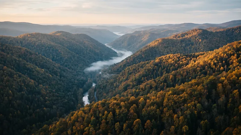 Autumn Forested Valley in Morning Mist — AI-generated photograph